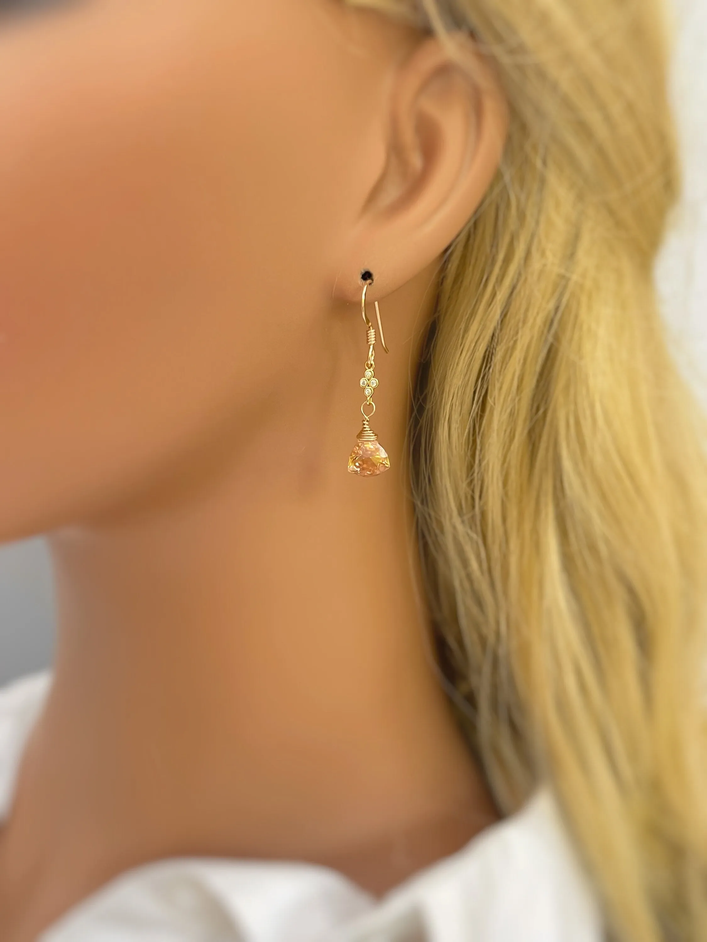 Morganite Earrings dangle gold pink, peach, champagne quartz