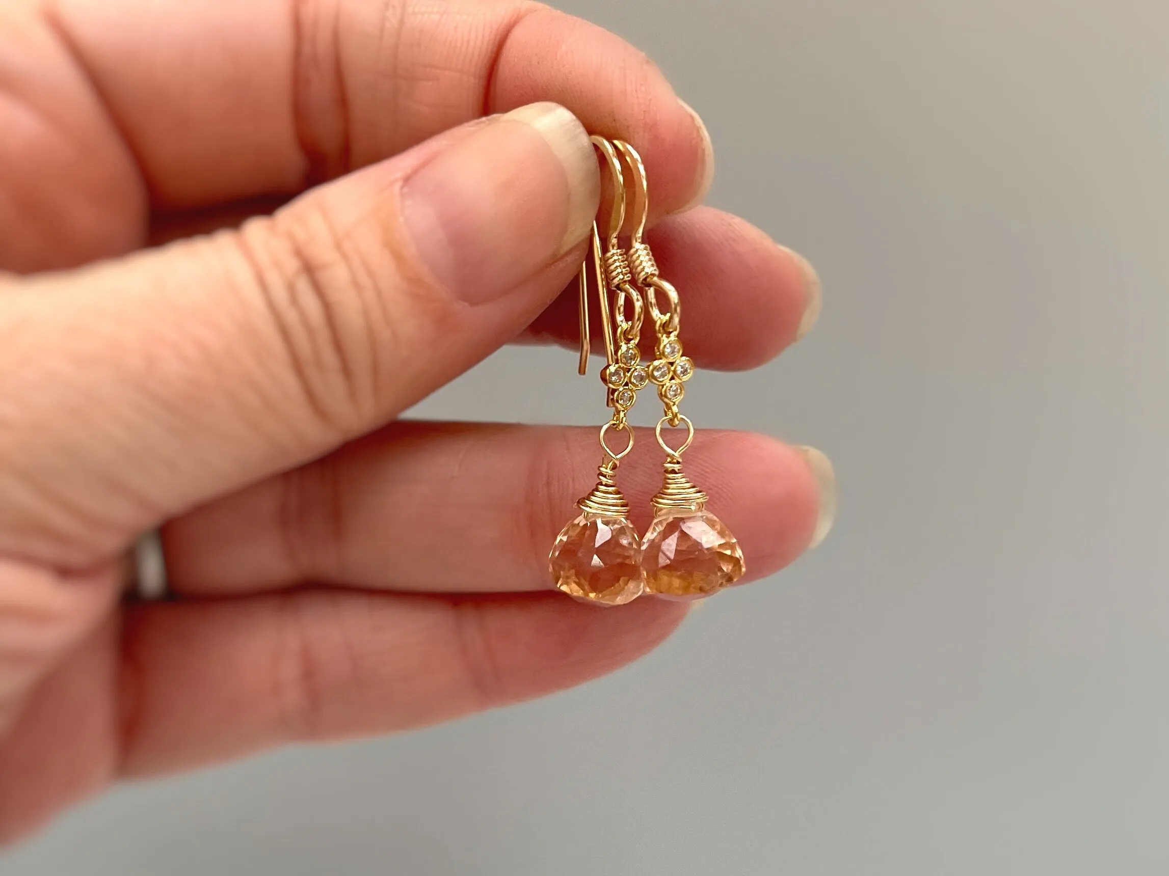 Morganite Earrings dangle gold pink, peach, champagne quartz