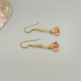 Morganite Earrings dangle gold pink, peach, champagne quartz