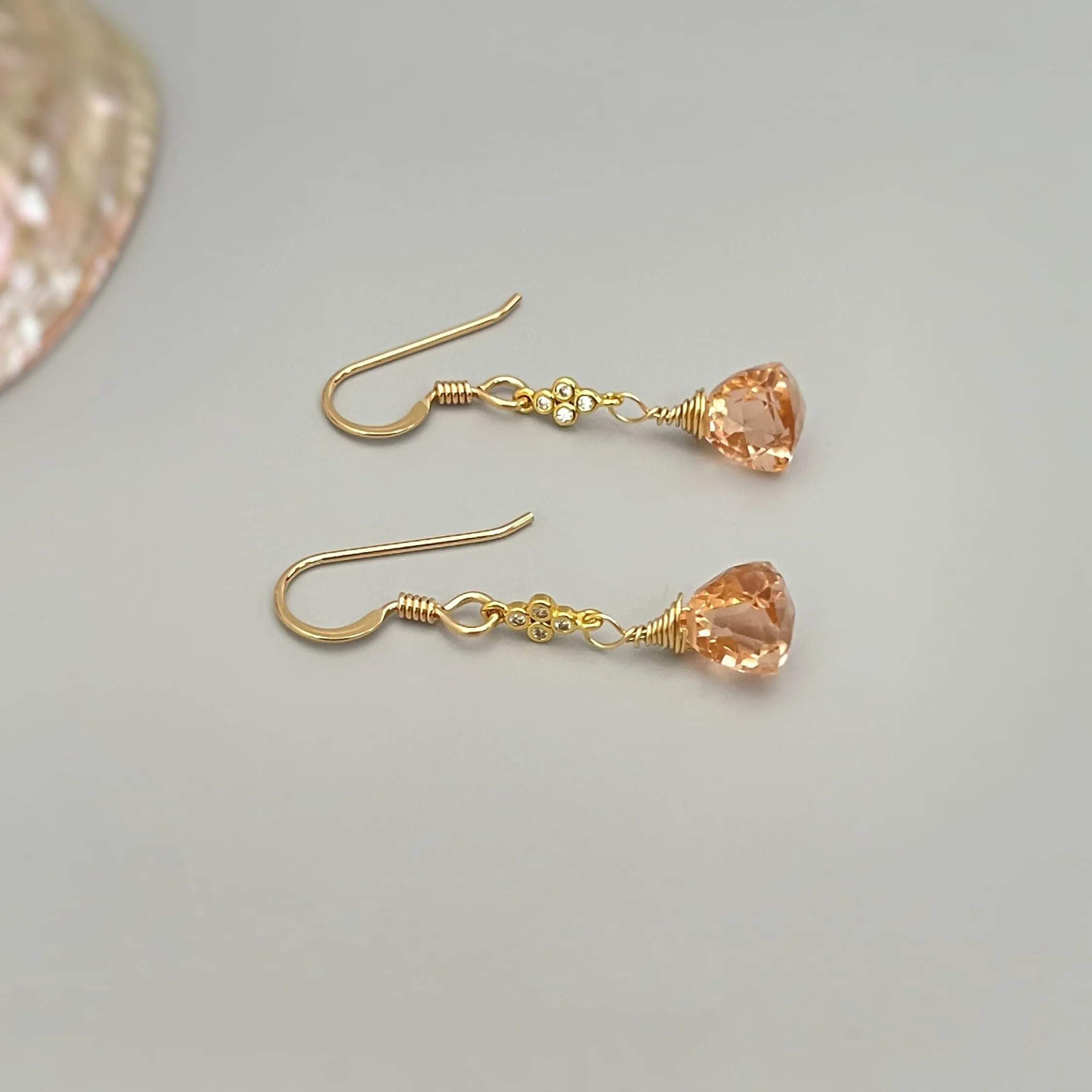 Morganite Earrings dangle gold pink, peach, champagne quartz