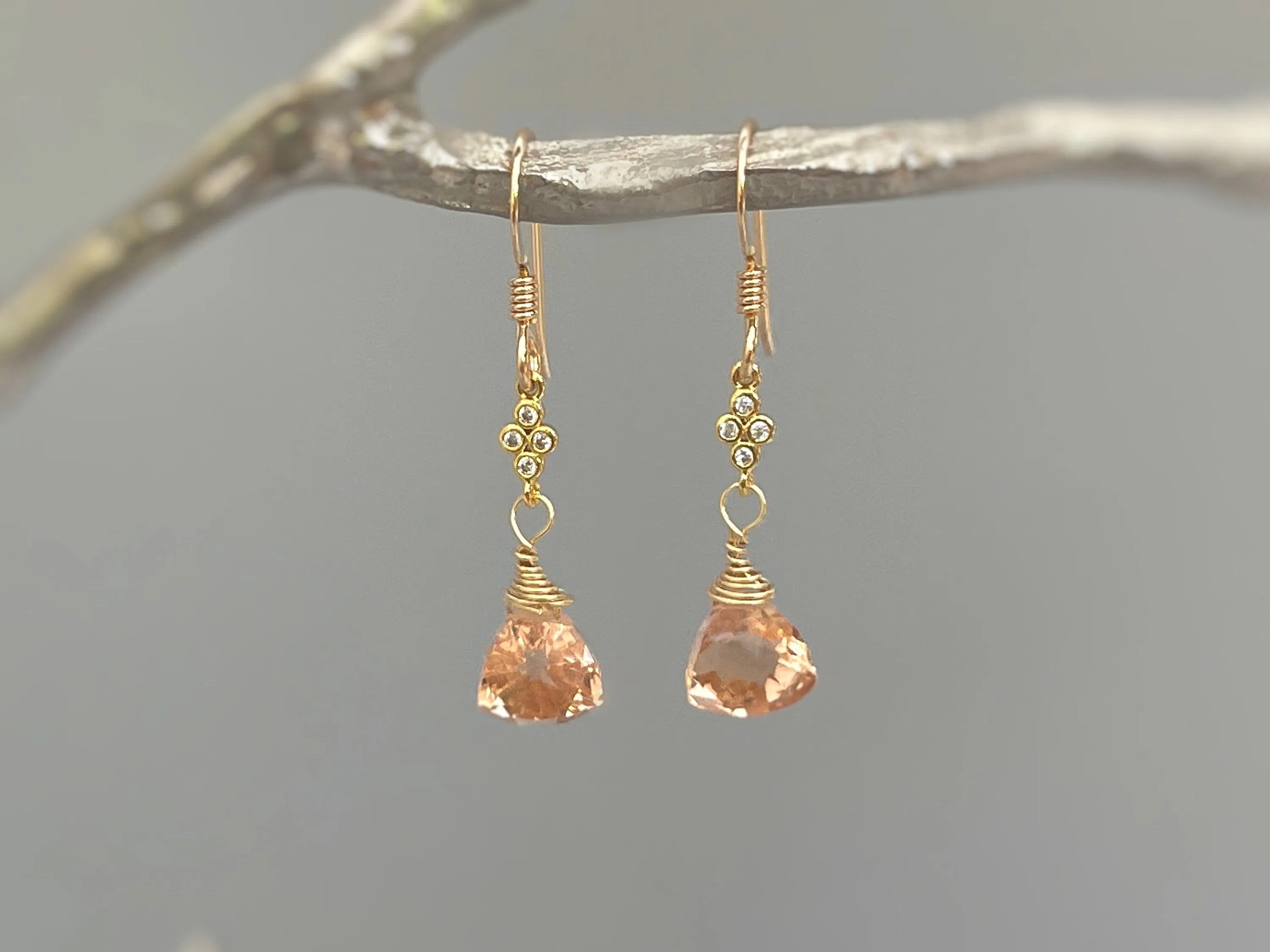 Morganite Earrings dangle gold pink, peach, champagne quartz