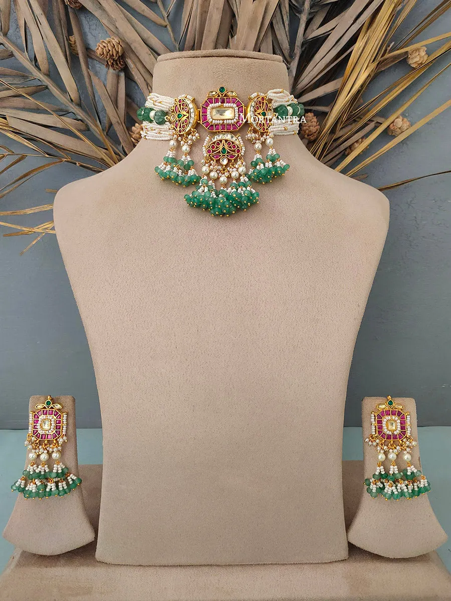 Multicolor Gold Plated Jadau Kundan Necklace Set - MS1399MA