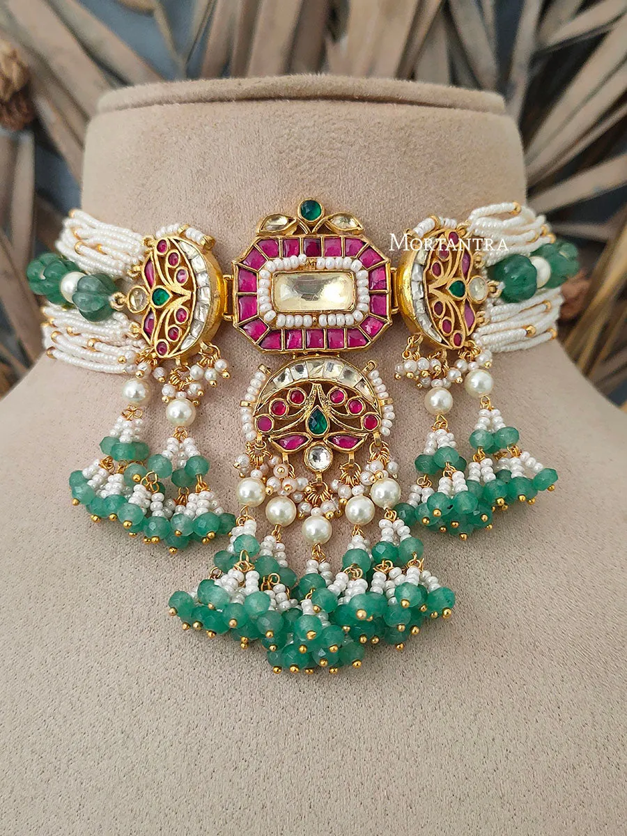 Multicolor Gold Plated Jadau Kundan Necklace Set - MS1399MA