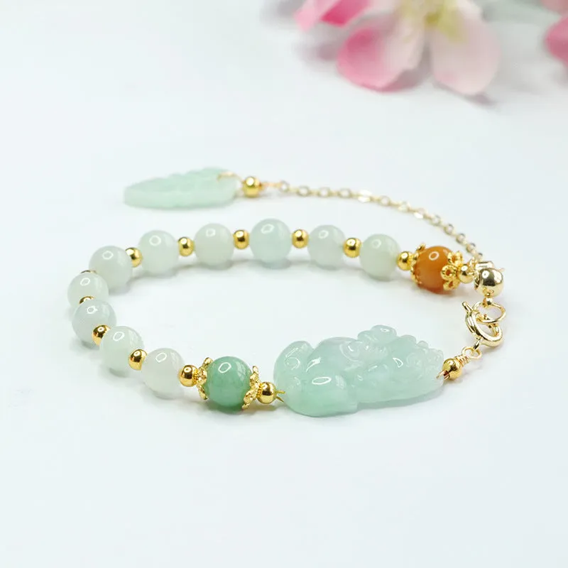 Myanmar Jade Pixiu Sterling Silver Bracelet with Fortune's Favor