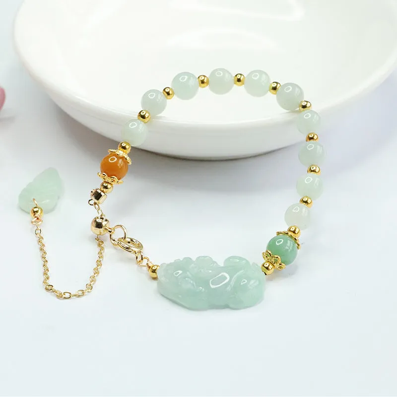 Myanmar Jade Pixiu Sterling Silver Bracelet with Fortune's Favor