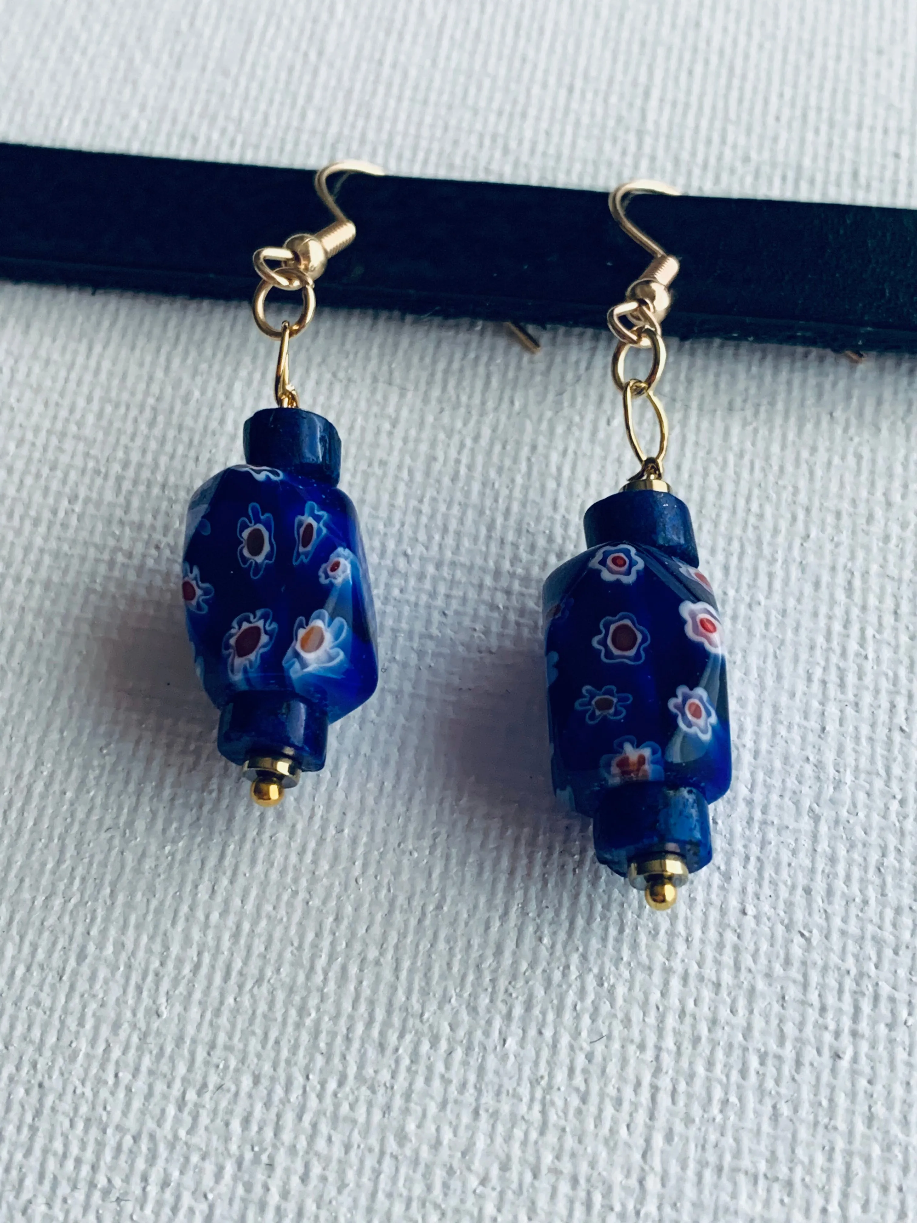 Myrna Handmade Lapis Lazuli, Millefiori Bead, and Gold Plated Hematite Earrings
