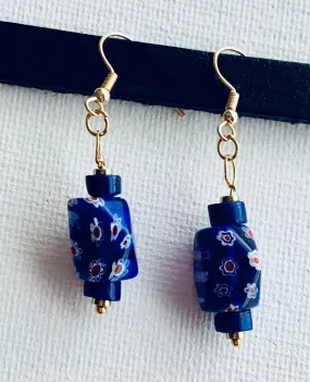 Myrna Handmade Lapis Lazuli, Millefiori Bead, and Gold Plated Hematite Earrings
