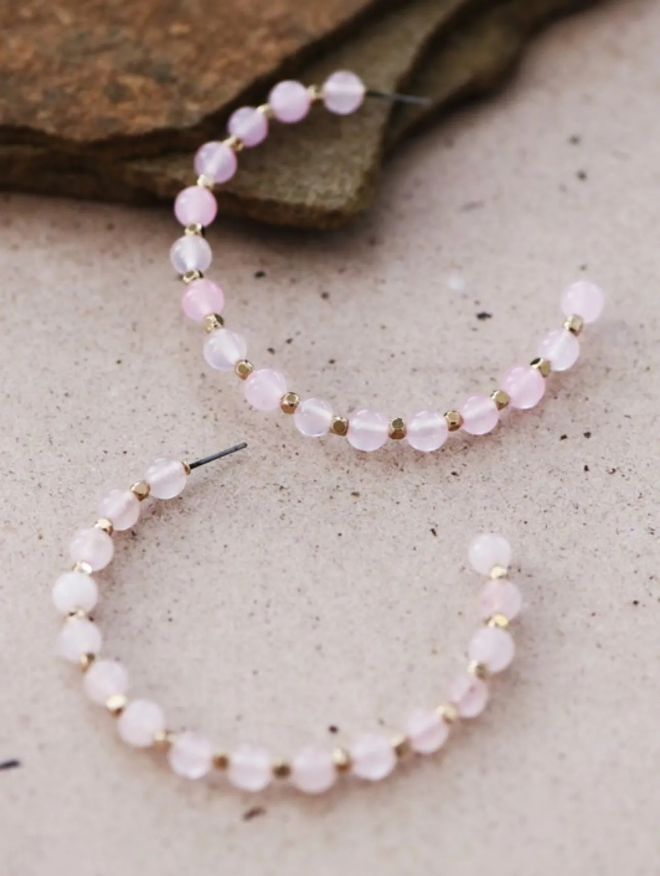 Natural Rose Quartz Beaded Hoop Earrings
