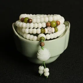 Natural White Jade "Lotus Flower" Mala Prayer Bracelet