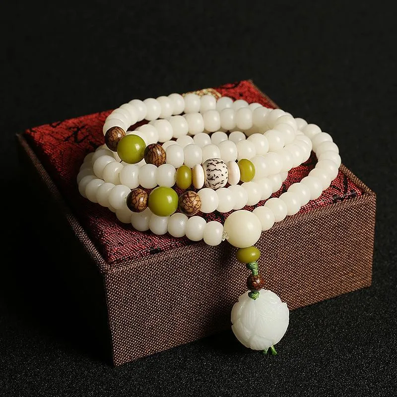 Natural White Jade "Lotus Flower" Mala Prayer Bracelet