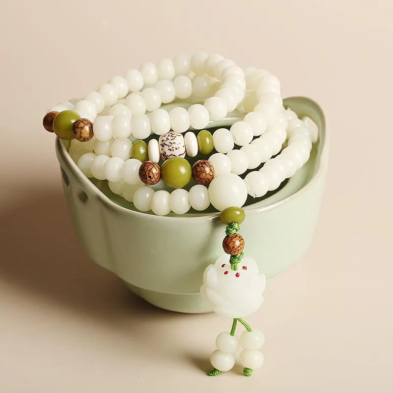 Natural White Jade "Lotus Flower" Mala Prayer Bracelet