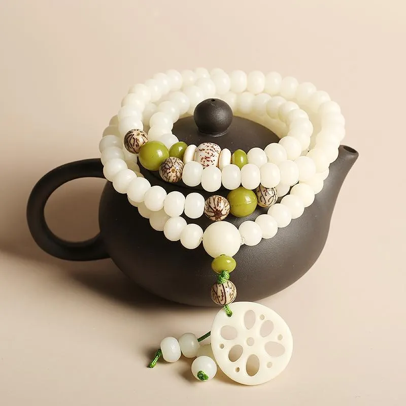 Natural White Jade "Lotus Flower" Mala Prayer Bracelet