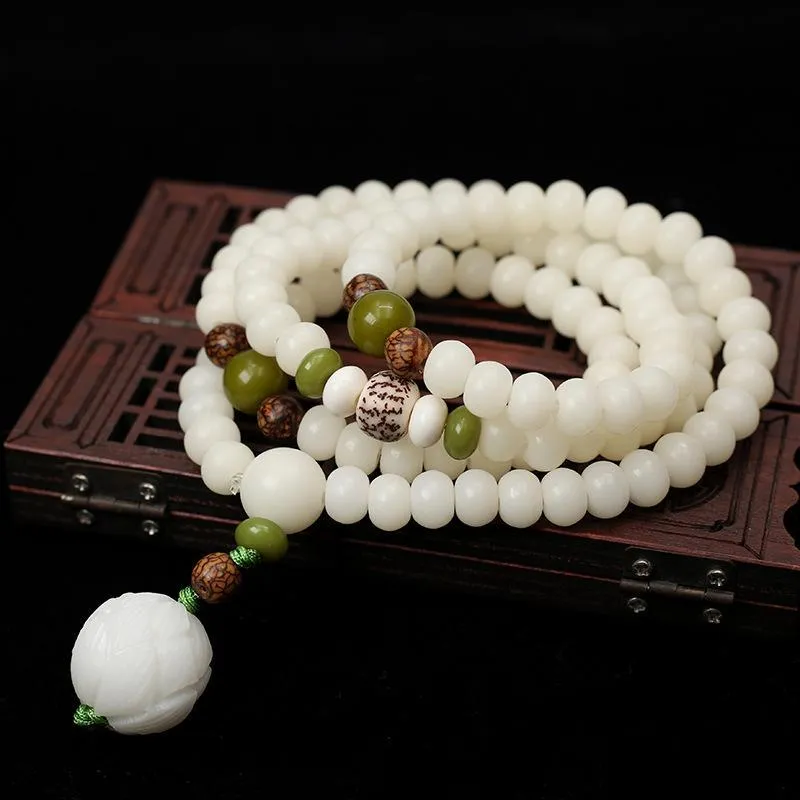 Natural White Jade "Lotus Flower" Mala Prayer Bracelet