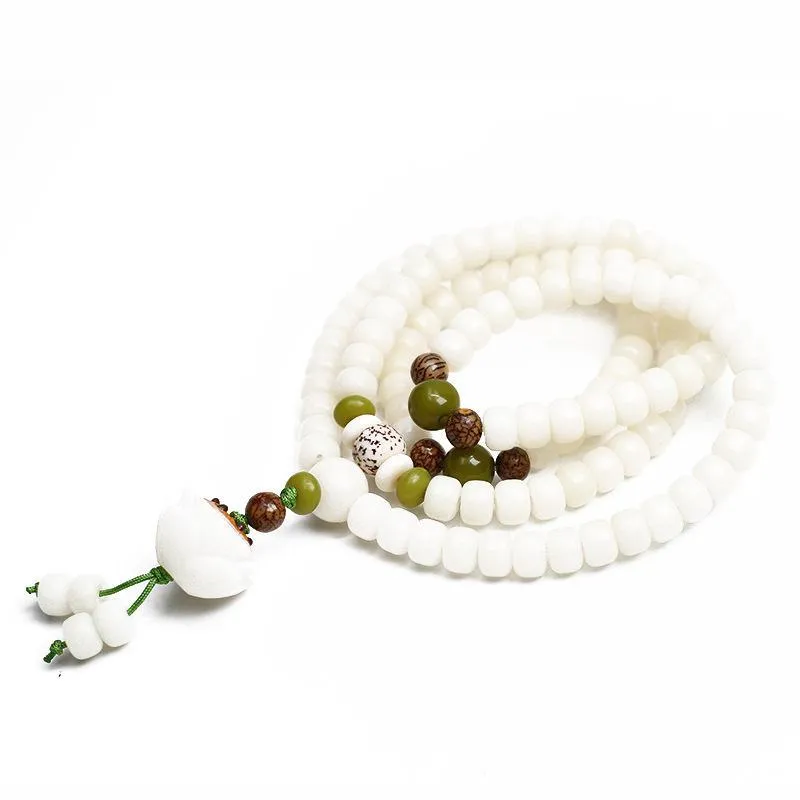 Natural White Jade "Lotus Flower" Mala Prayer Bracelet
