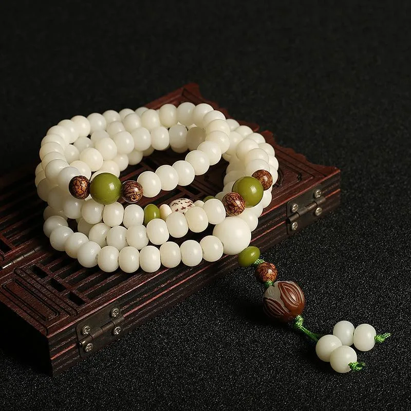 Natural White Jade "Lotus Flower" Mala Prayer Bracelet