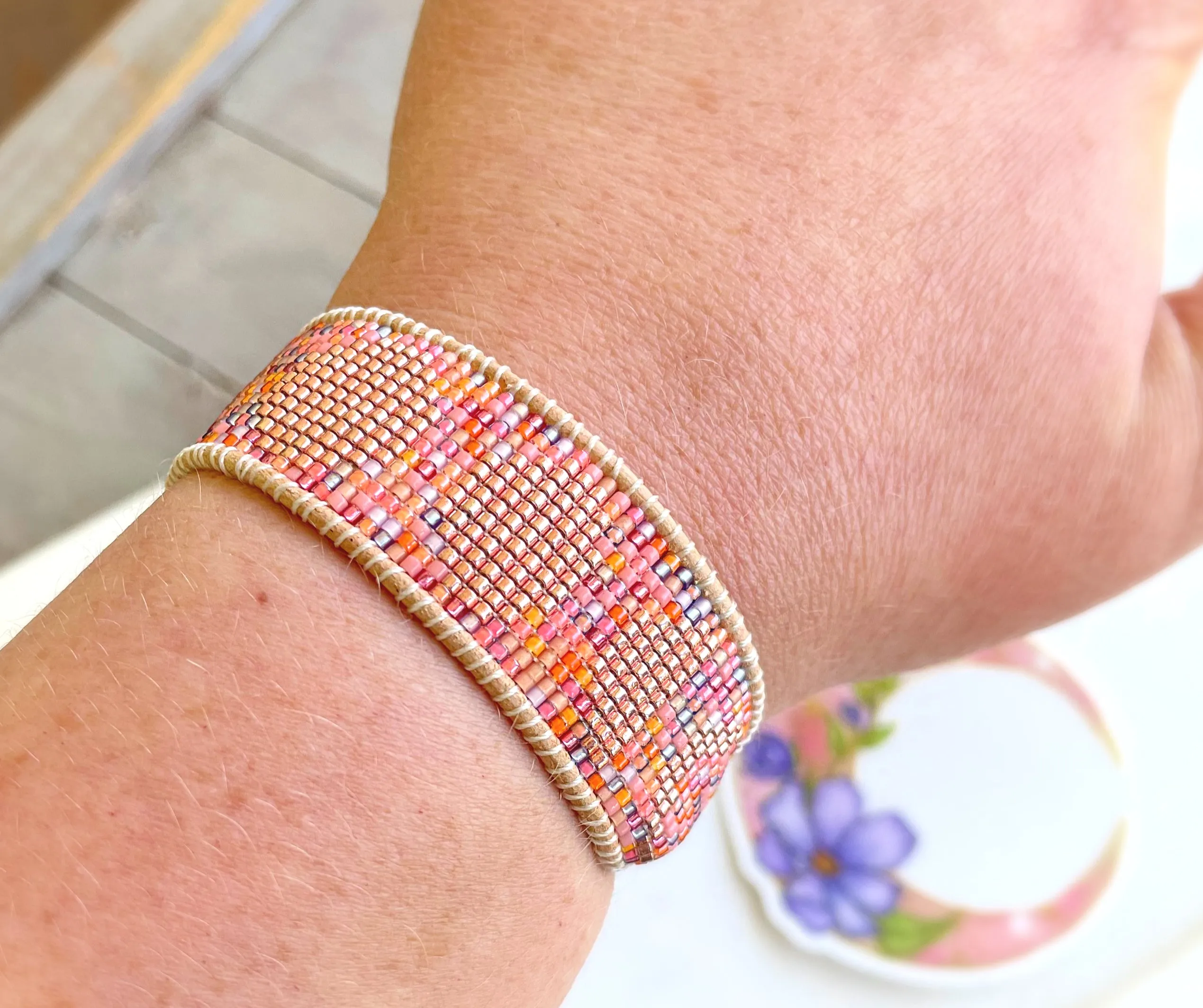 Neon Pink Moon Phases Beaded Loom Bracelet