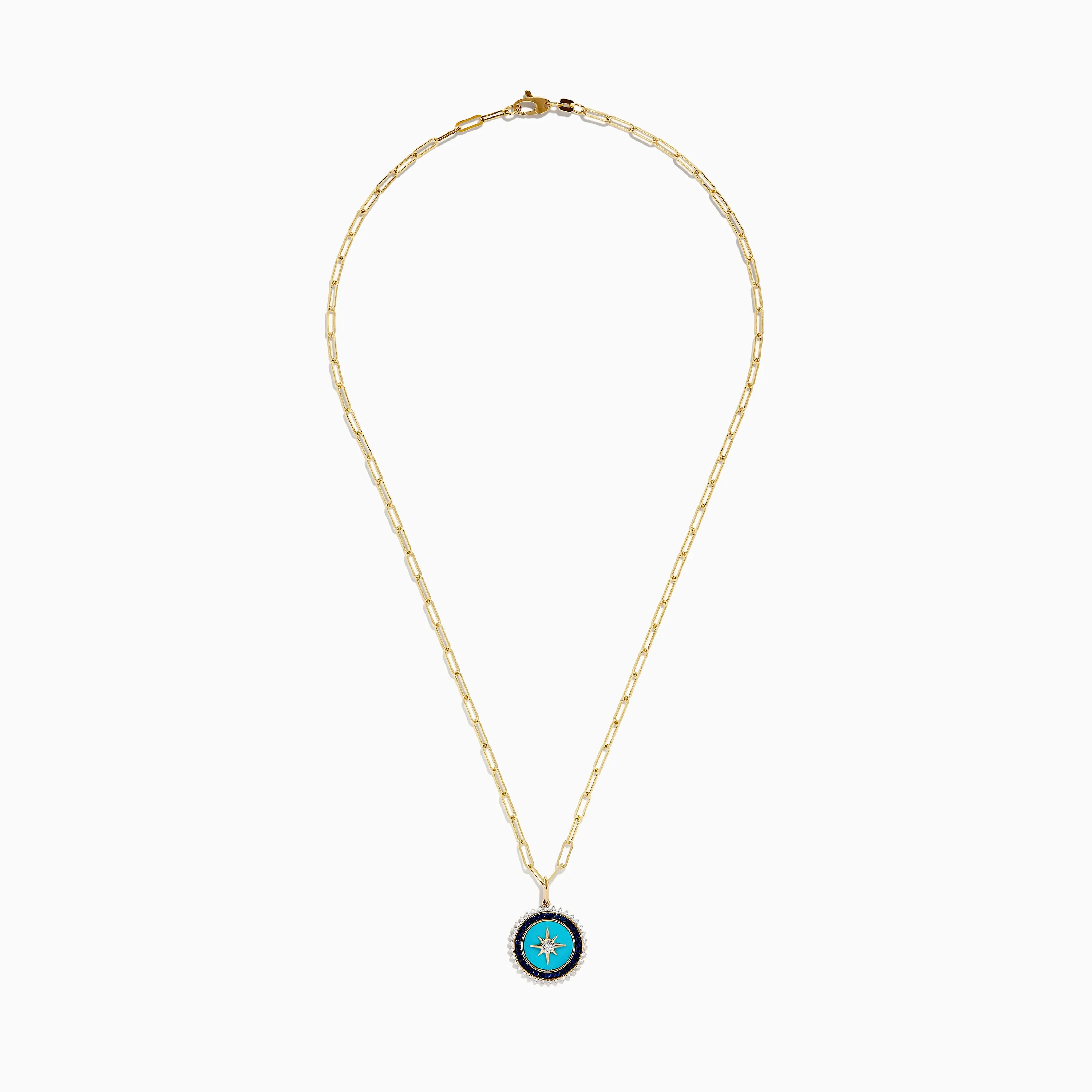 Novelty 14K Gold Sapphire, Turquoise & Diamond Compass Paperclip chain necklace