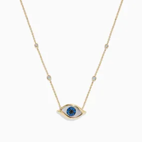 Novelty 14K Yellow Gold Sapphire and Diamond Evil Eye Necklace