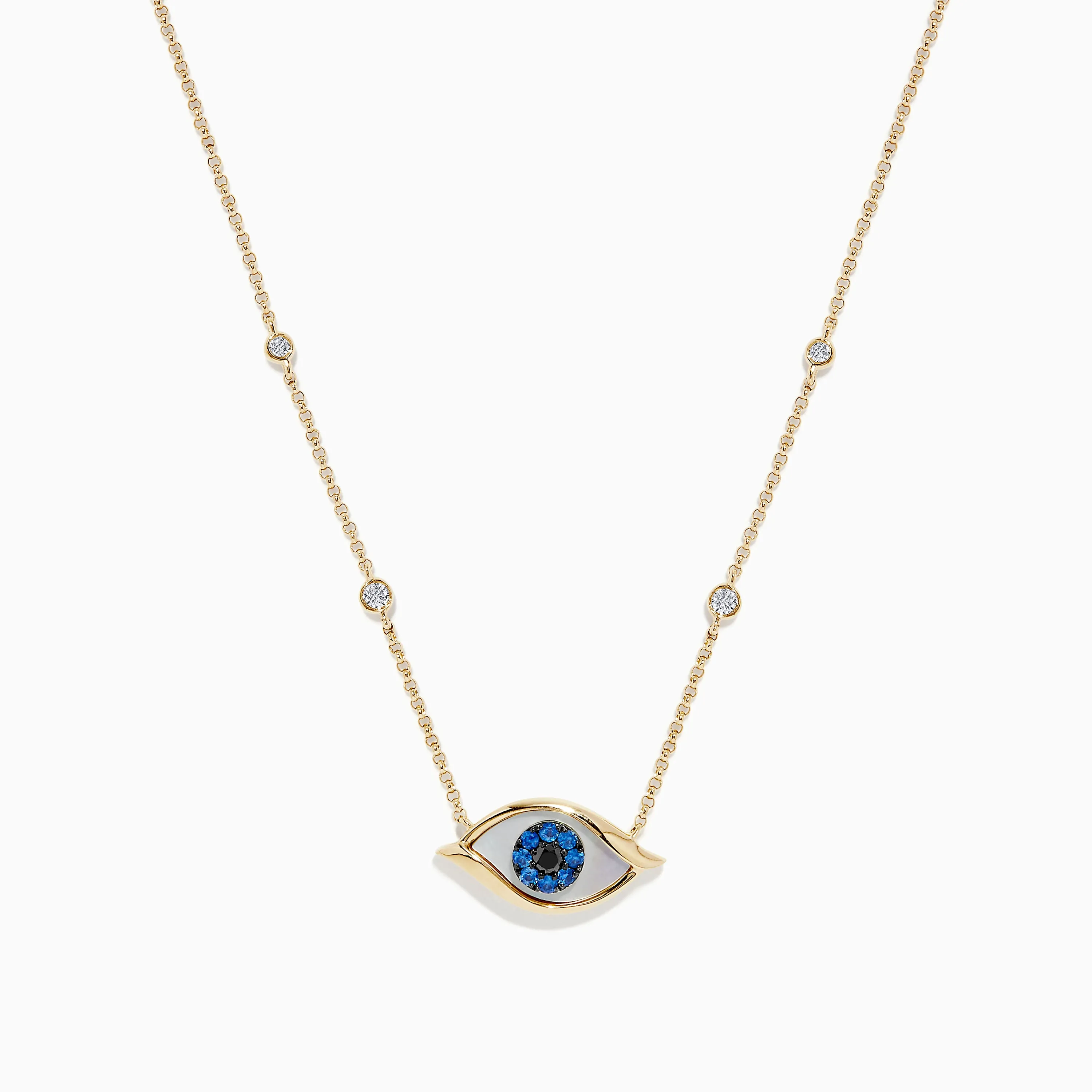 Novelty 14K Yellow Gold Sapphire and Diamond Evil Eye Necklace