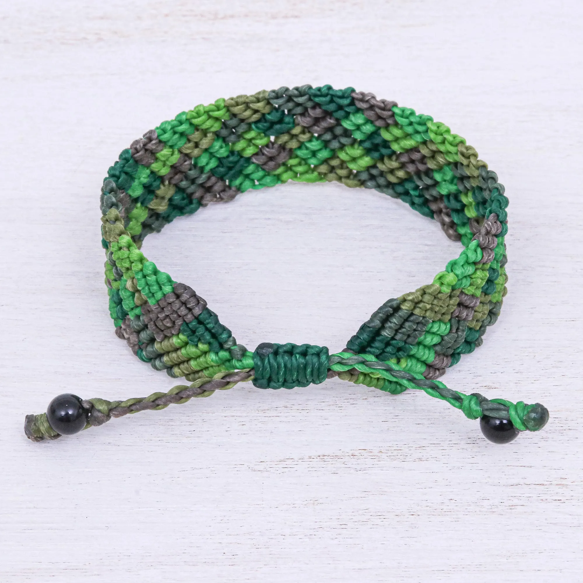 Onyx Bead and Macrame Wristband Bracelet - Spring Fling in Green | NOVICA