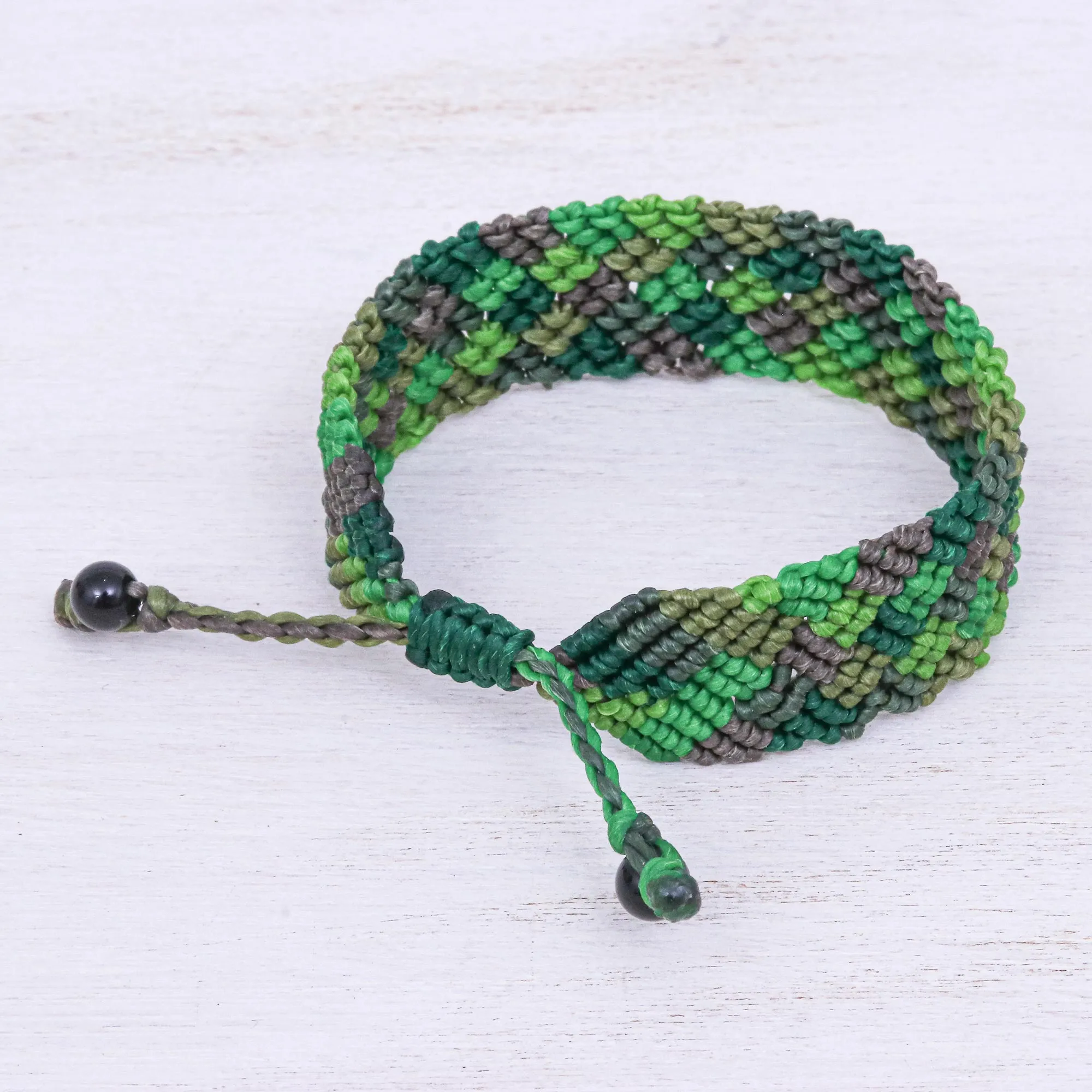 Onyx Bead and Macrame Wristband Bracelet - Spring Fling in Green | NOVICA