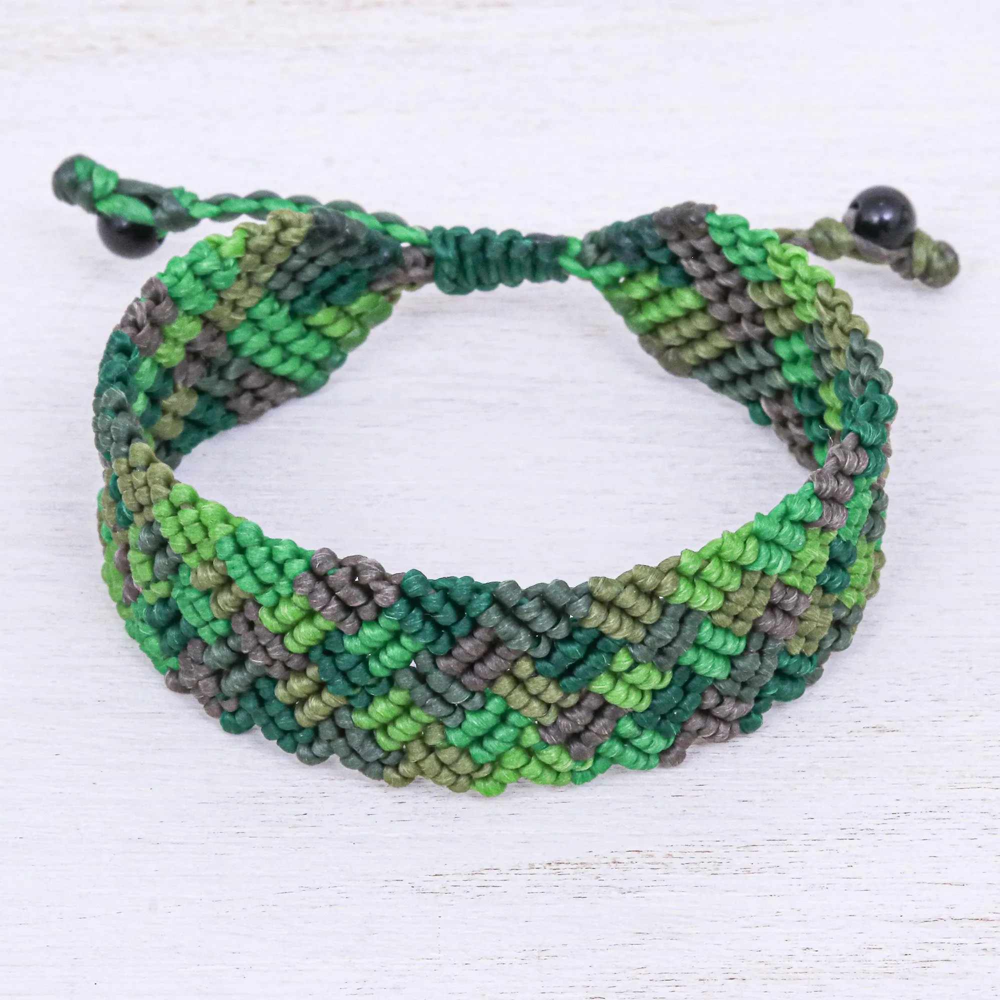 Onyx Bead and Macrame Wristband Bracelet - Spring Fling in Green | NOVICA