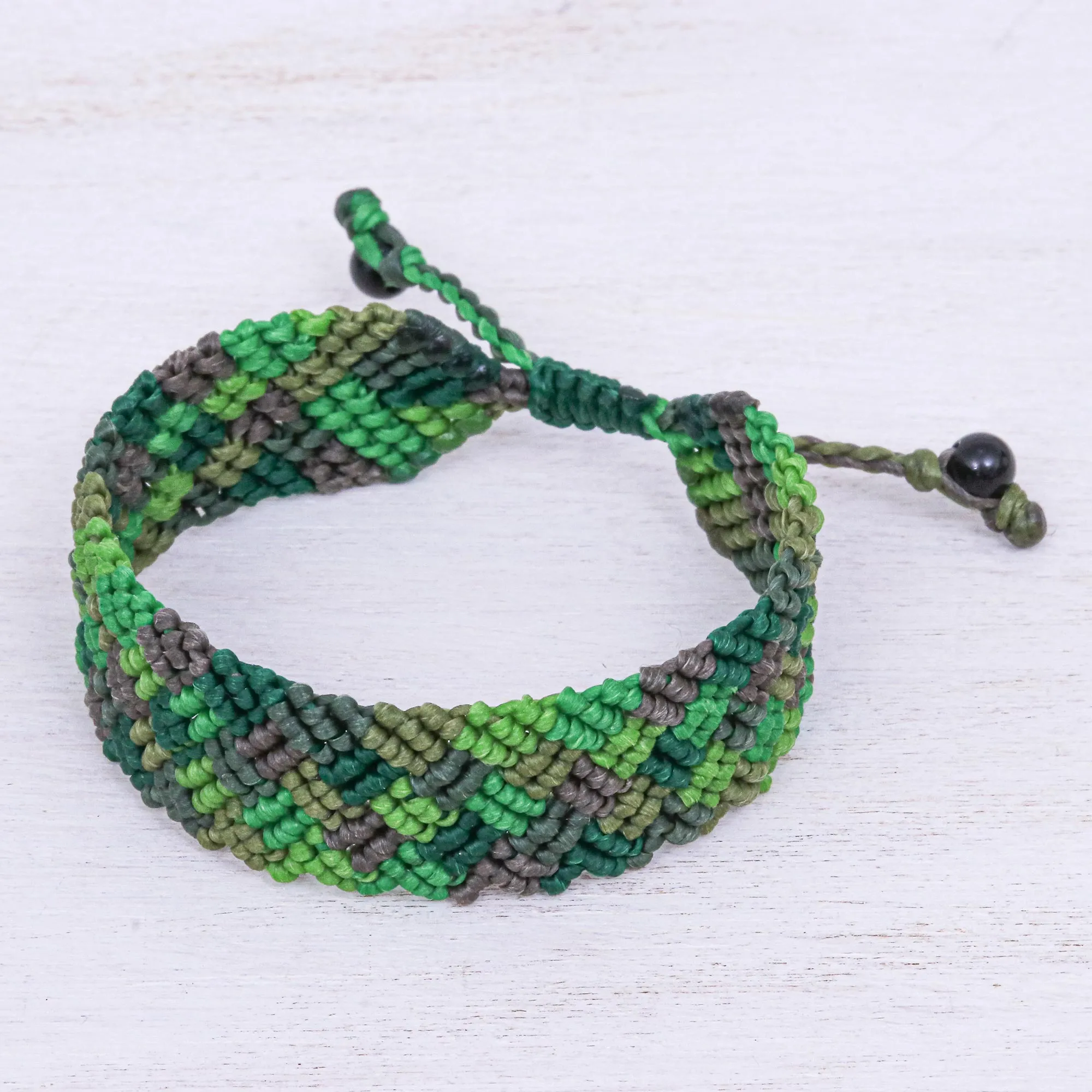 Onyx Bead and Macrame Wristband Bracelet - Spring Fling in Green | NOVICA