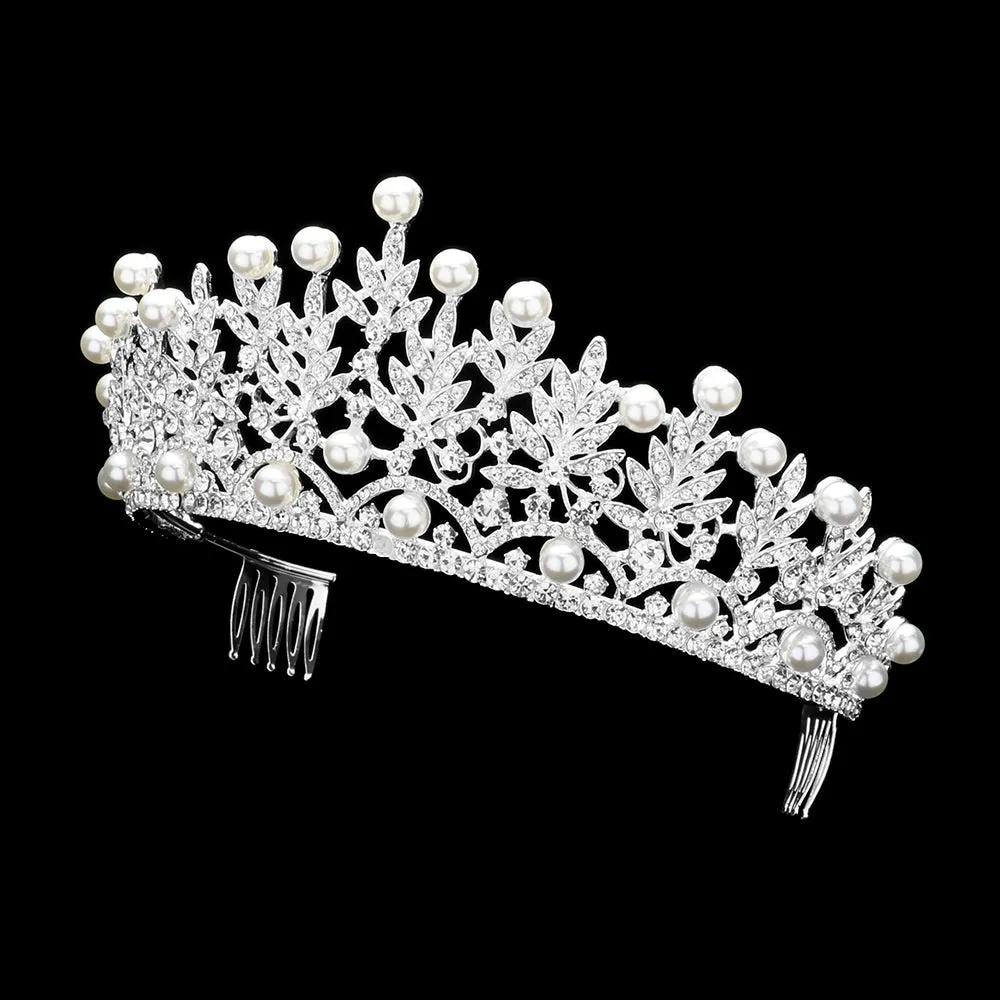 Pearl Accented Leaf Cluster Princess Tiara (Each)