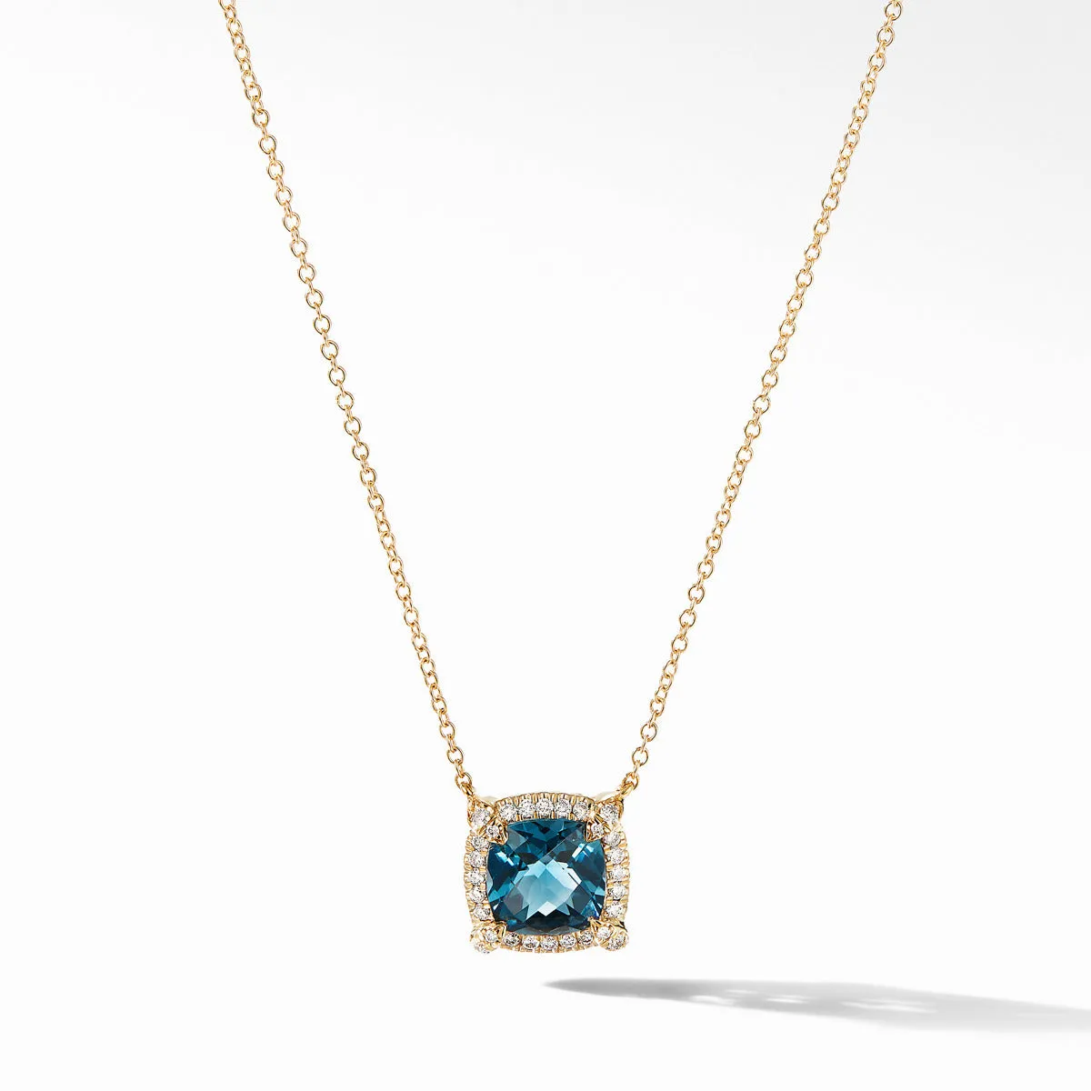 Petite Chatelaine Pave Bezel Pendant Necklace in 18K Yellow Gold with Hampton Blue Topaz