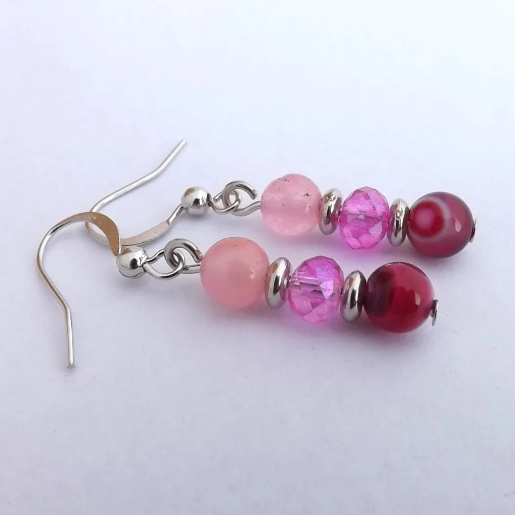 Pink Quarts & Agate Semi Precious Bead Earrings