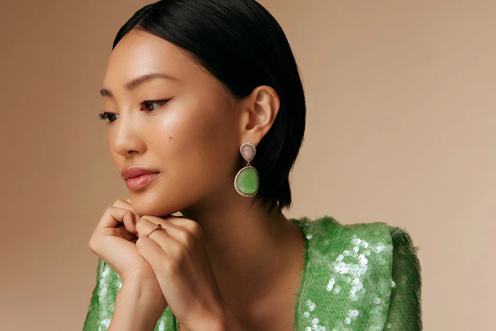 Pink Rose Quartz & Green Catseye Earrings