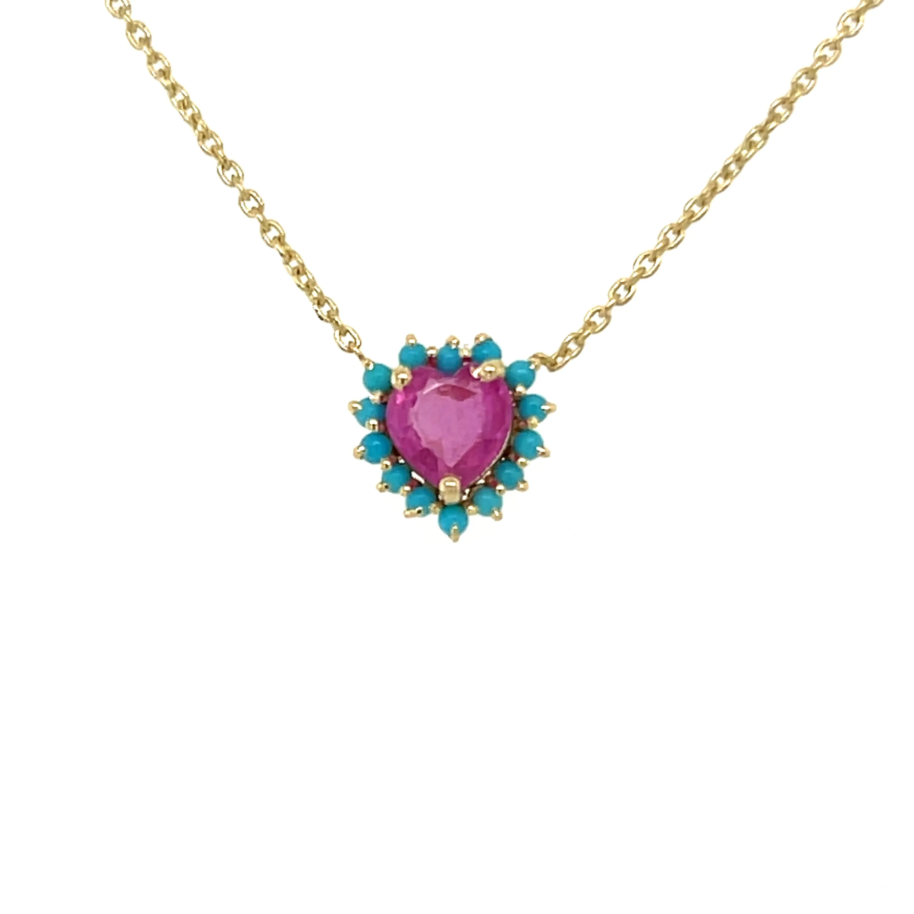 Pink Sapphire Heart With Turquoise Halo Necklace
