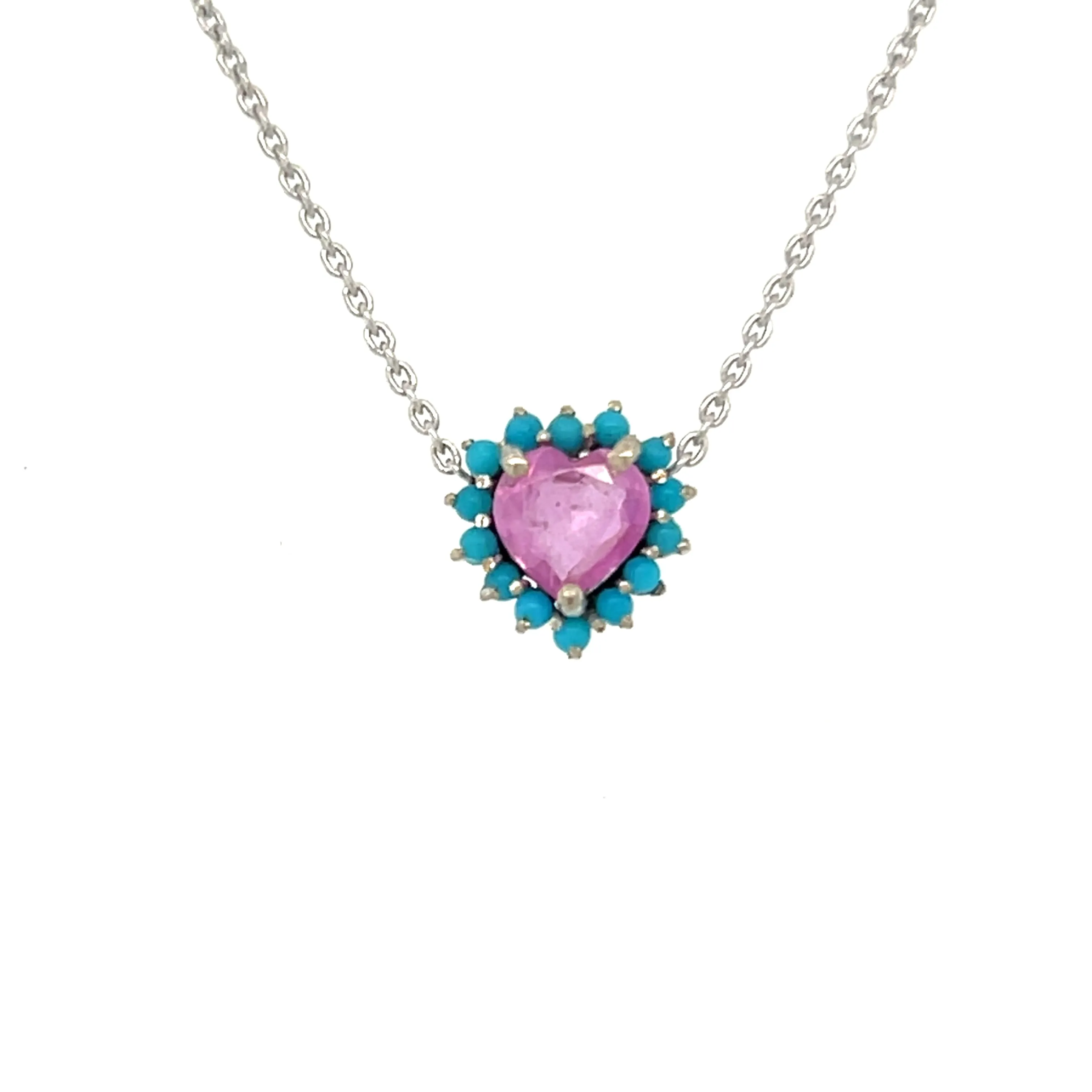 Pink Sapphire Heart With Turquoise Halo Necklace