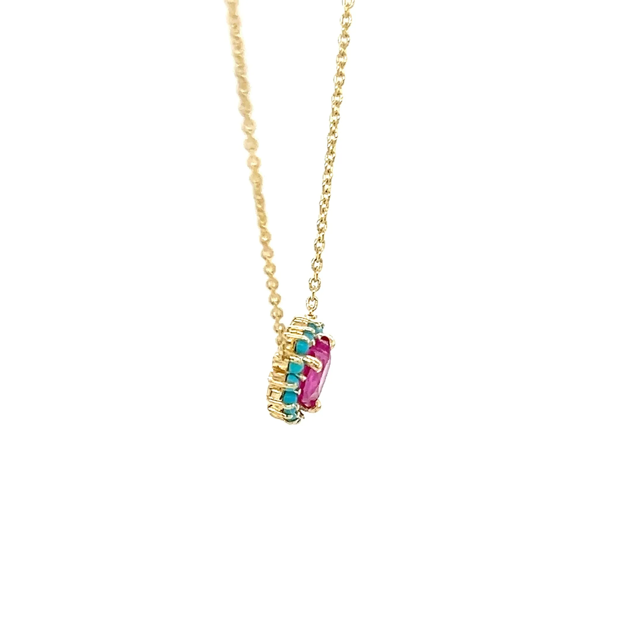 Pink Sapphire Heart With Turquoise Halo Necklace