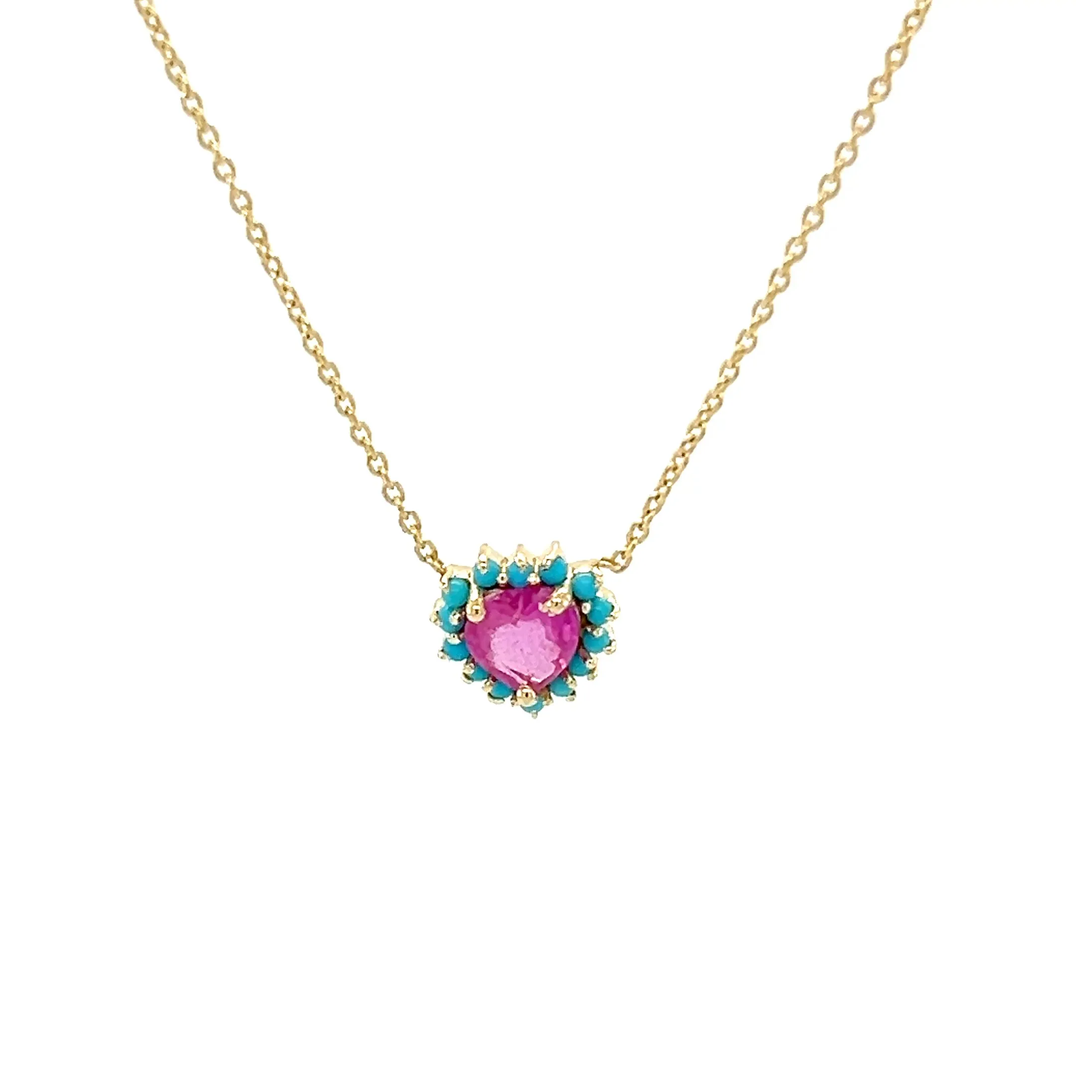 Pink Sapphire Heart With Turquoise Halo Necklace