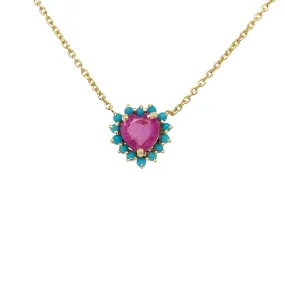 Pink Sapphire Heart With Turquoise Halo Necklace