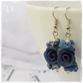 Polymer Clay Rose Earrings - "Something Blue"