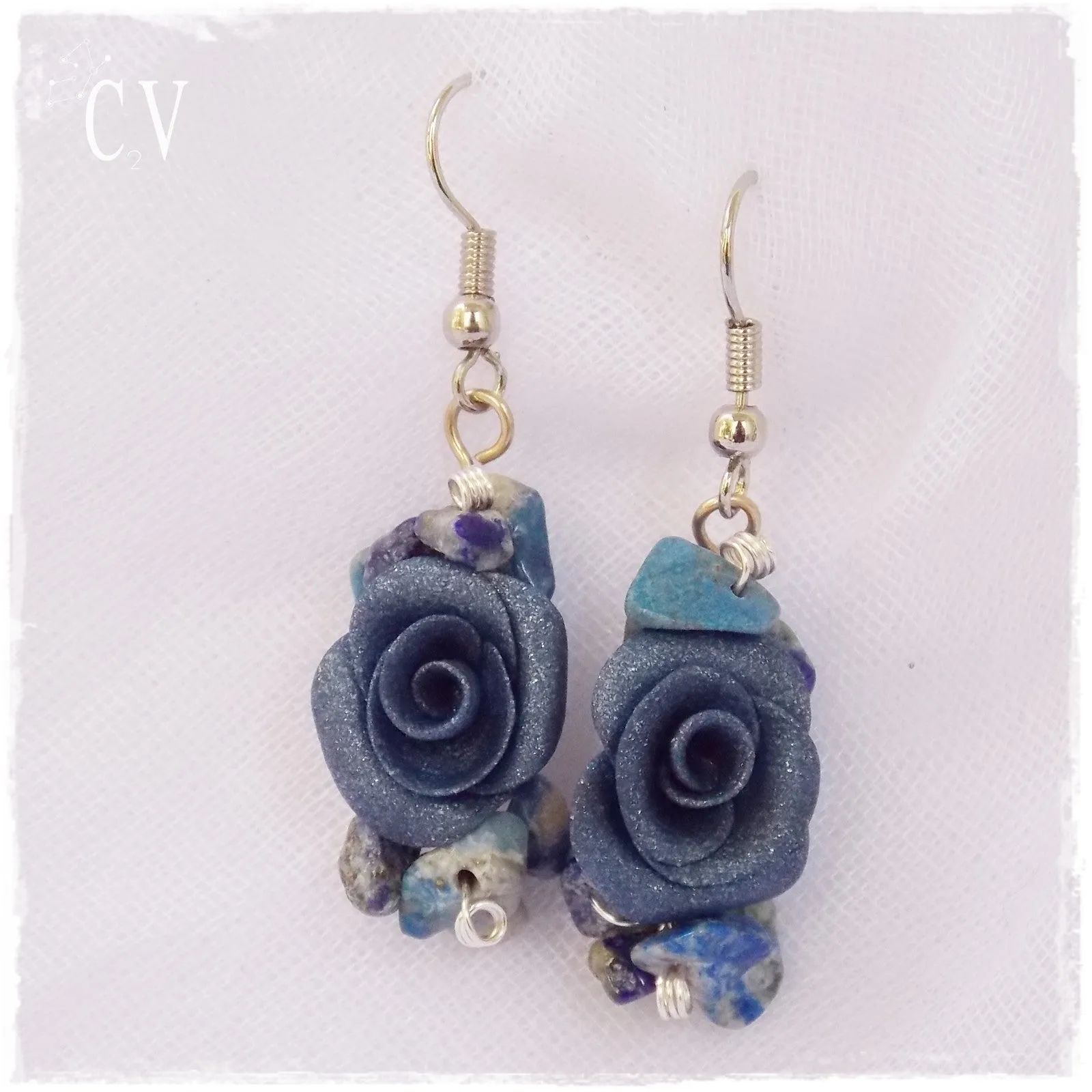 Polymer Clay Rose Earrings - "Something Blue"