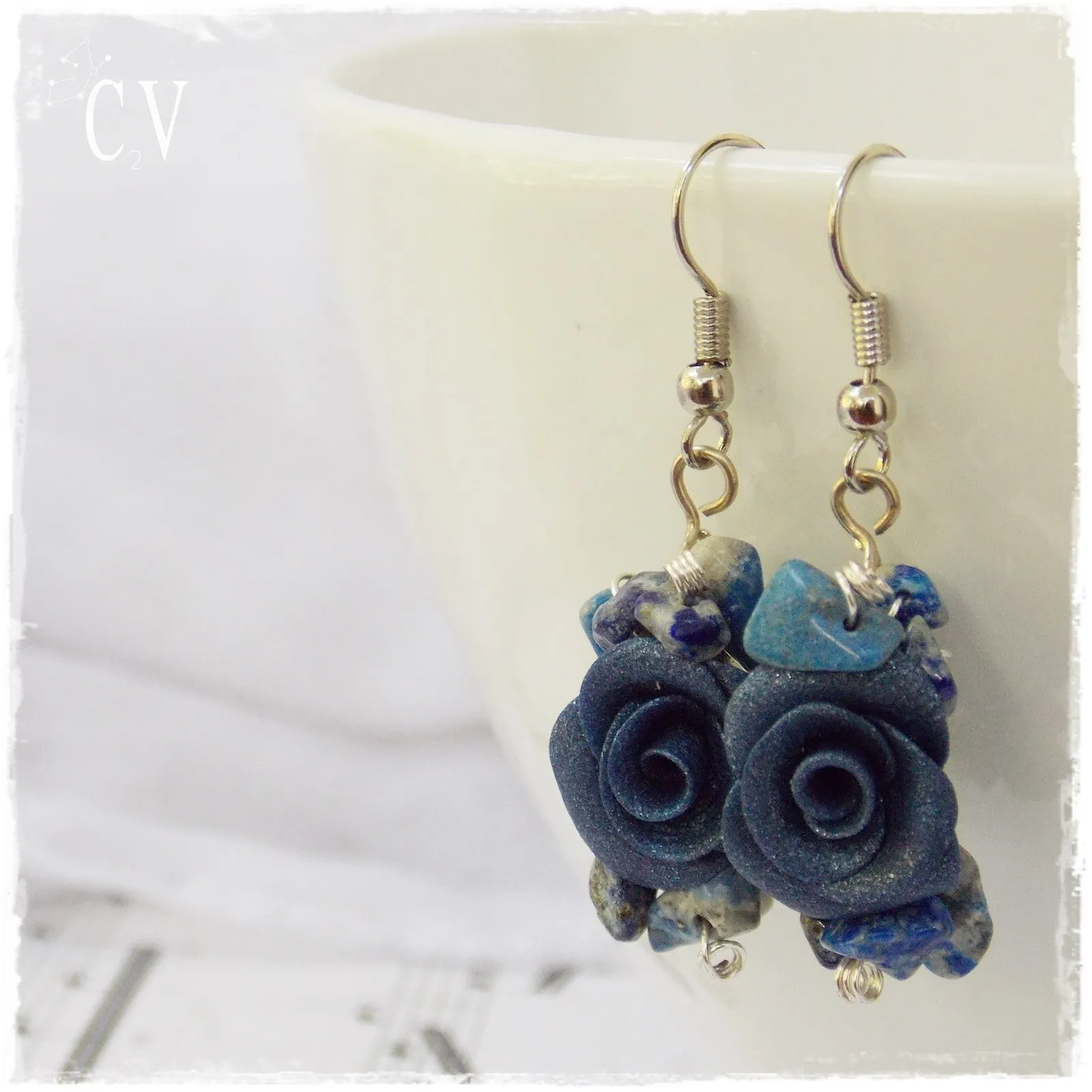Polymer Clay Rose Earrings - "Something Blue"