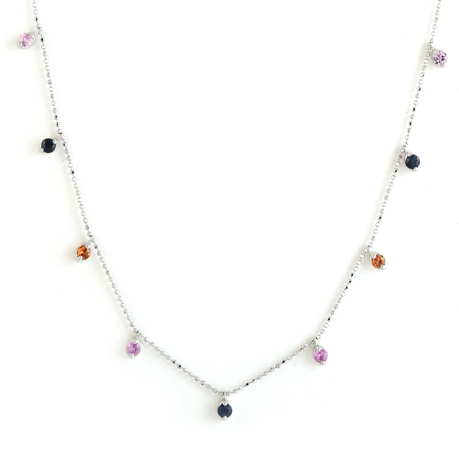 Rainbow Sapphire September Birthstone Station Chain Necklace Dainty In 18k White Gold