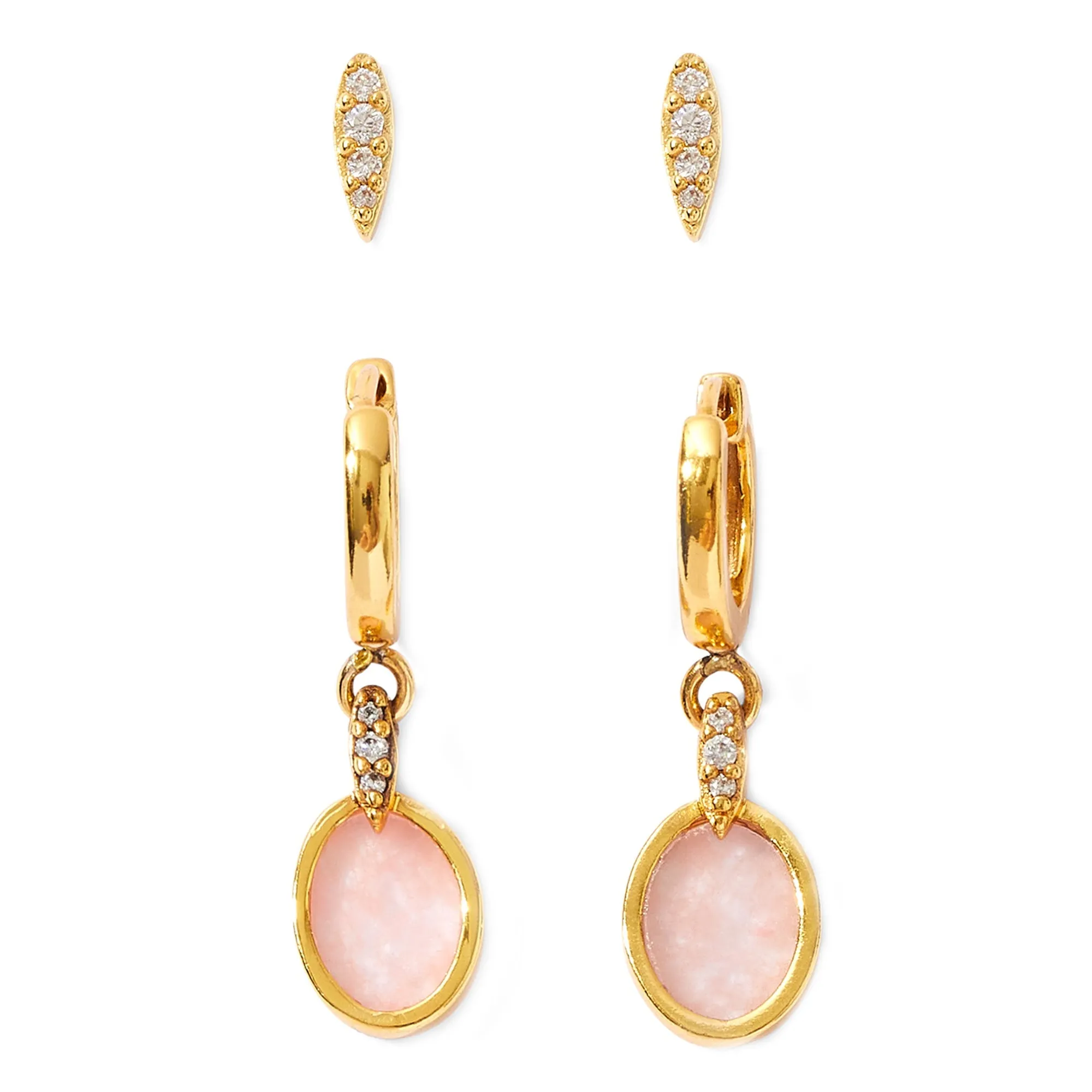 Real Gold Plated Z Stone Rose Quartz Stud And hoop Earring Set For Women By Accessorize London