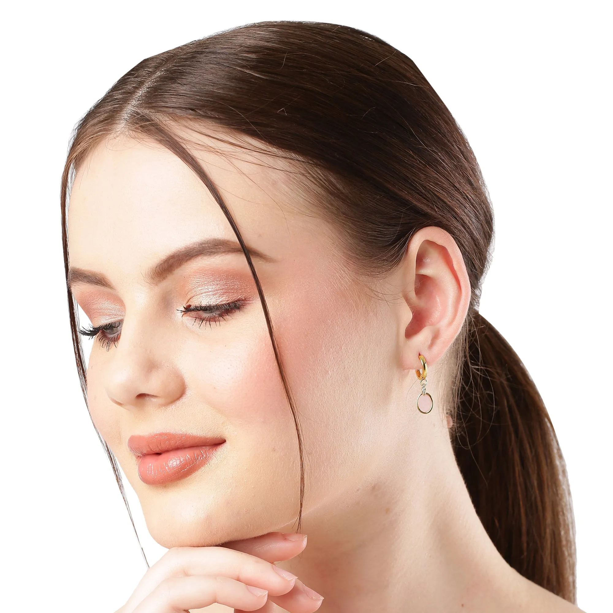 Real Gold Plated Z Stone Rose Quartz Stud And hoop Earring Set For Women By Accessorize London