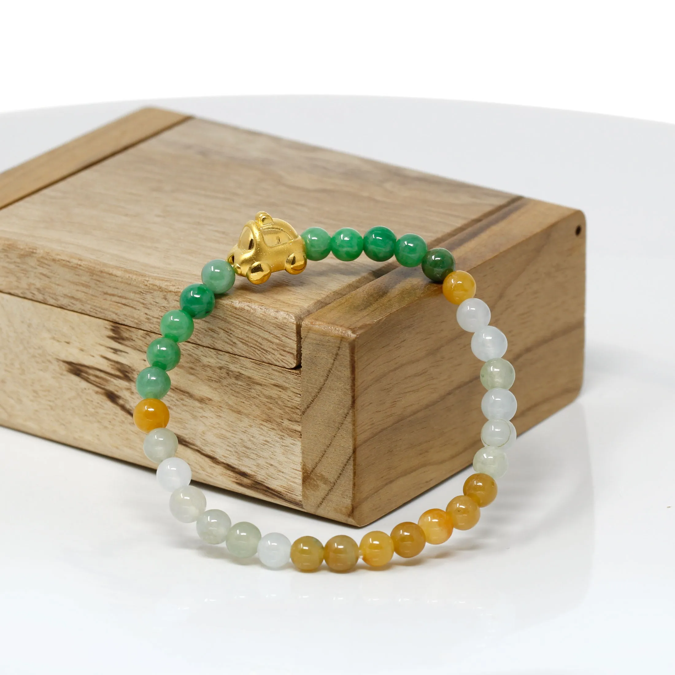 RealJade® "Car" Genuine High-quality Jade Jadeite Bracelet Bangle with 24k Yellow Gold Car Charm Colorful #430