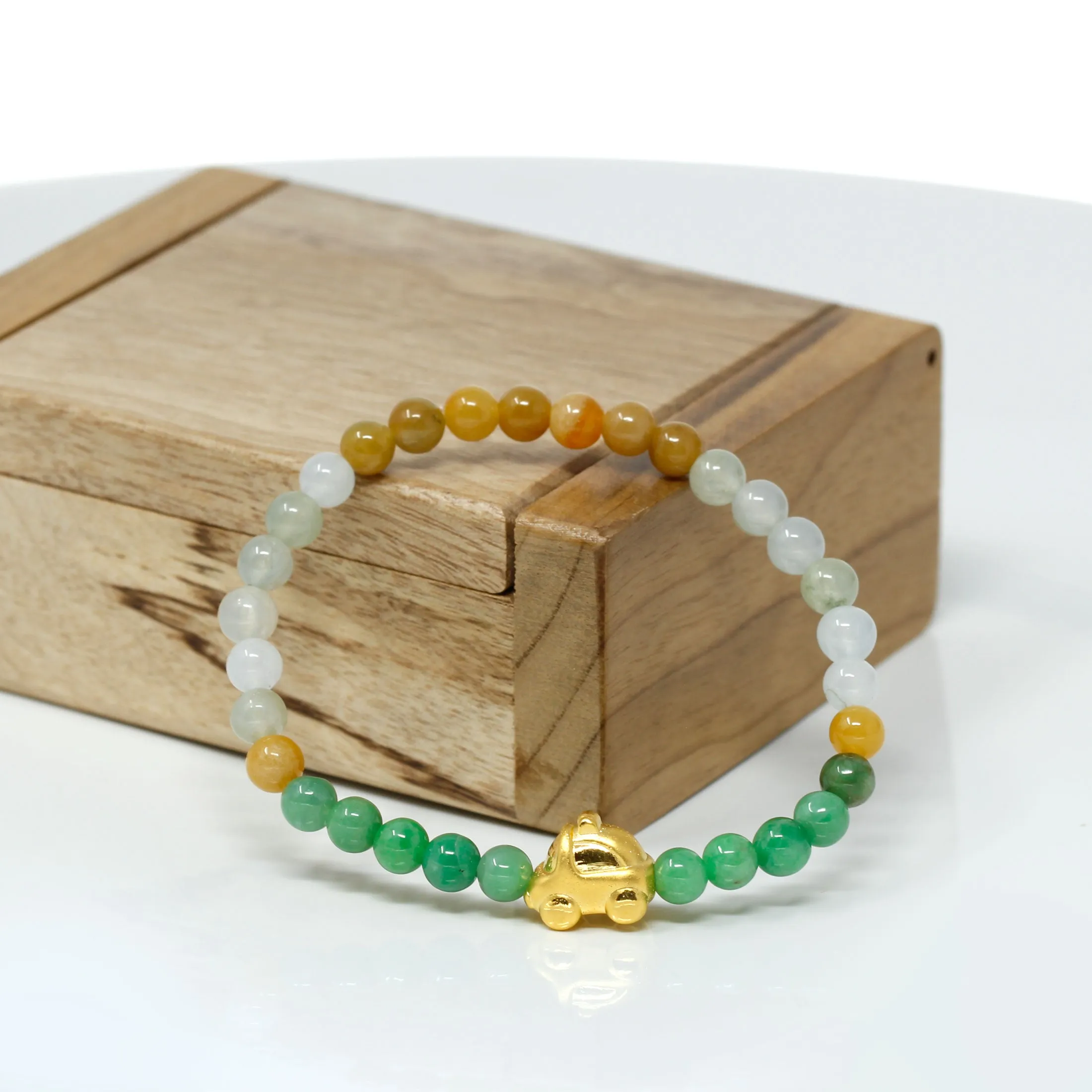 RealJade® "Car" Genuine High-quality Jade Jadeite Bracelet Bangle with 24k Yellow Gold Car Charm Colorful #430