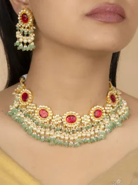 Red Color Gold Plated Jadau Kundan Necklace Set - MS2027YR