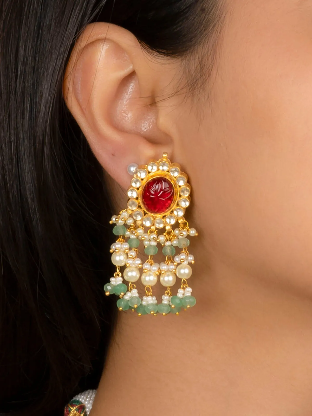 Red Color Gold Plated Jadau Kundan Necklace Set - MS2027YR