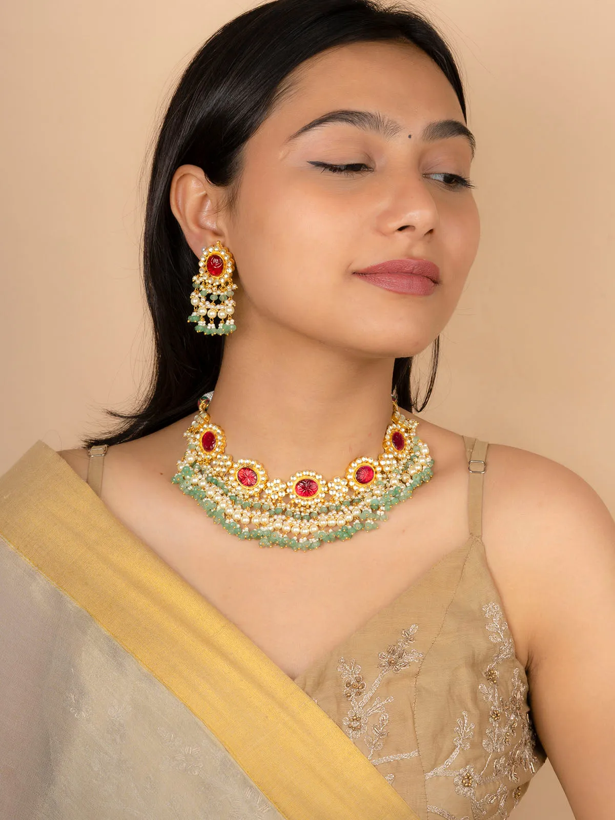 Red Color Gold Plated Jadau Kundan Necklace Set - MS2027YR
