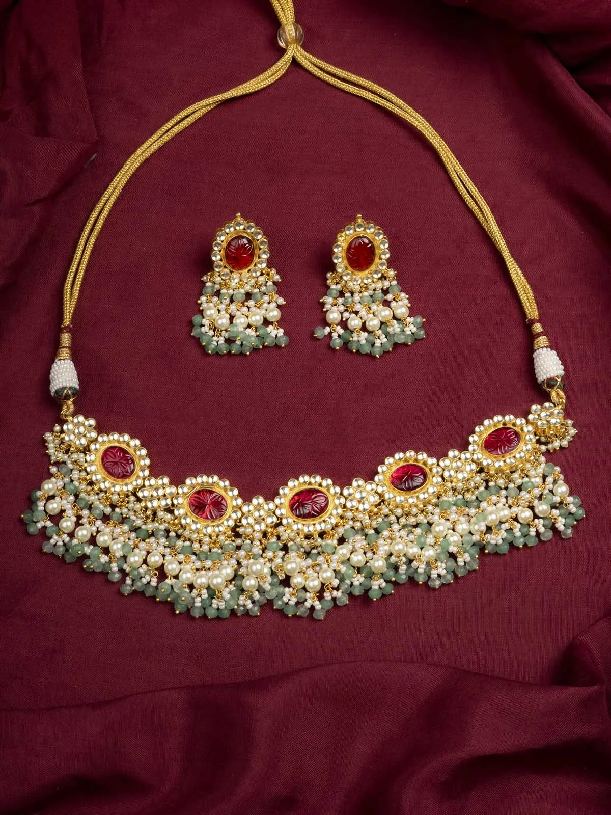 Red Color Gold Plated Jadau Kundan Necklace Set - MS2027YR
