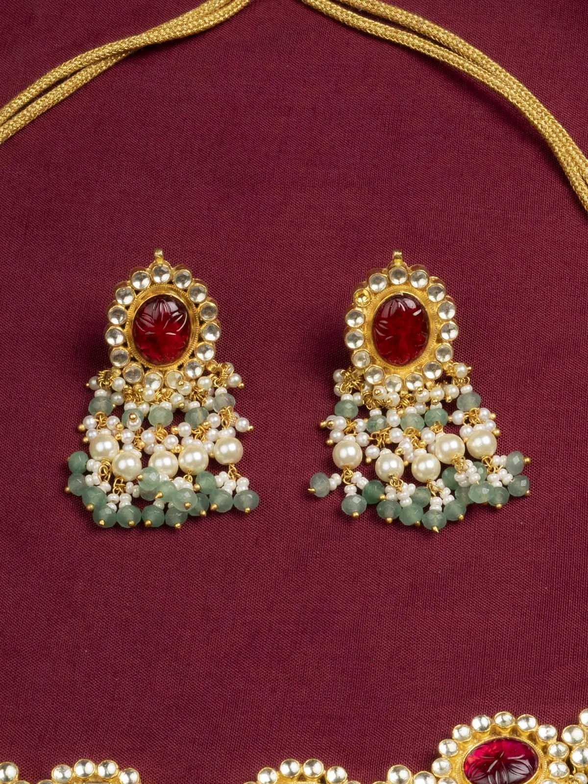 Red Color Gold Plated Jadau Kundan Necklace Set - MS2027YR