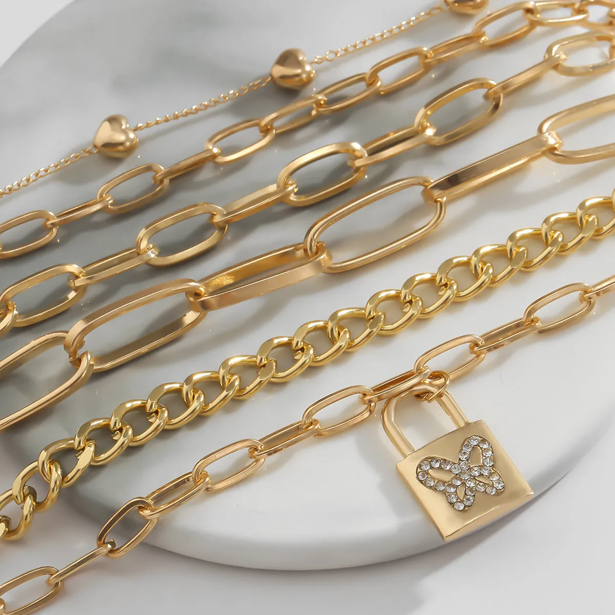 Retro Peach Heart Cross Chain Bracelet Female Creative Diamond-studded Butterfly Lock Bracelet Set